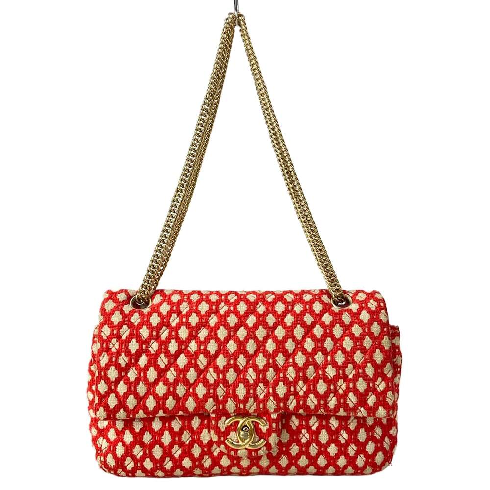 Chanel Double Flap Matelasse Shoulder Bag Red Cream Gold Tweeds Hardware